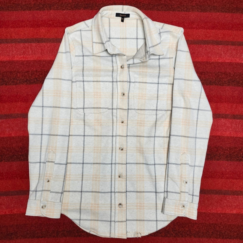 Quince Soft Plaid Button Down Shirt Mens Medium Cream Stretch Top Minimalist